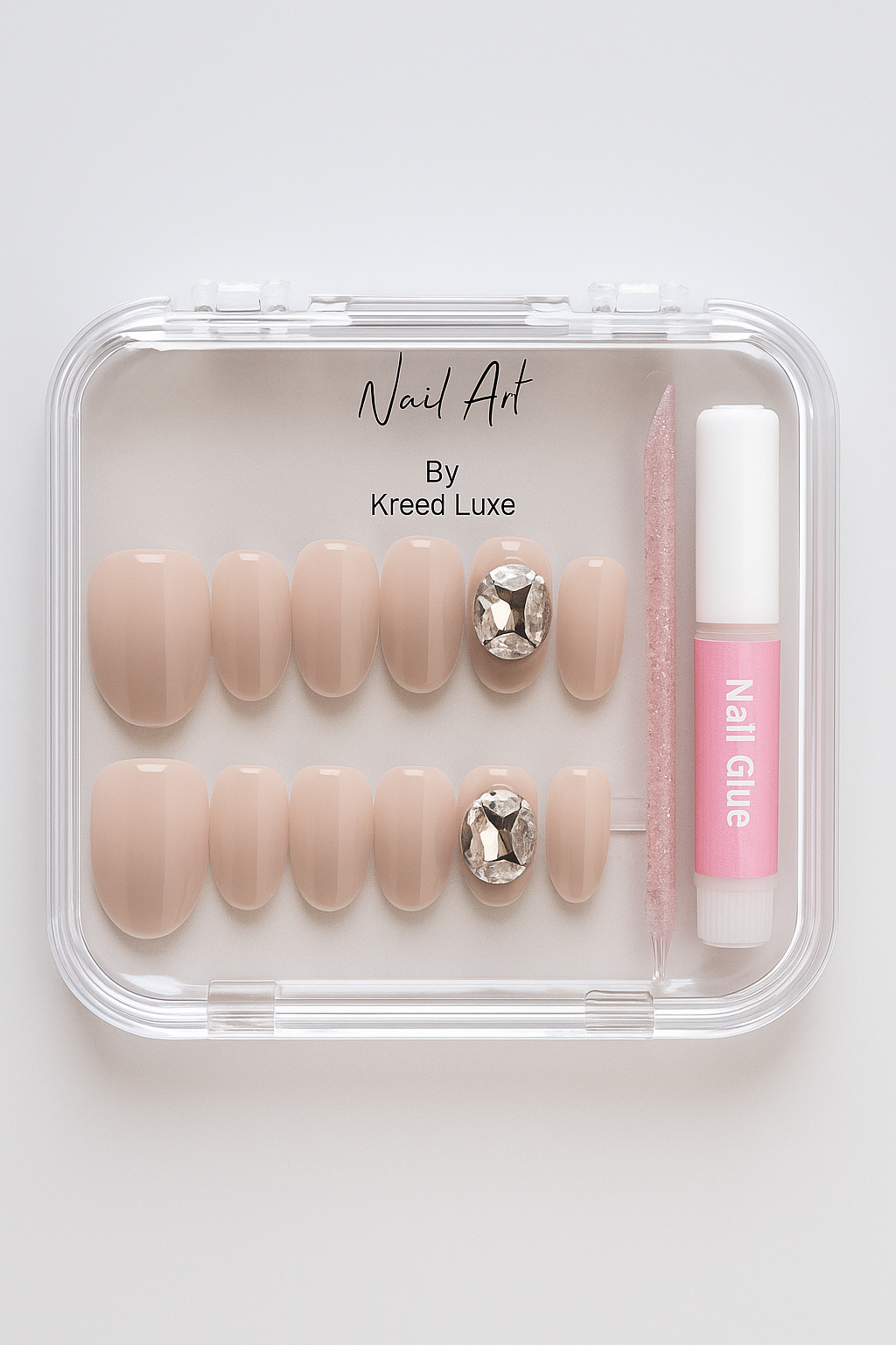 Nude Almond Crystal Press-On Nails – Elegant Luxury Nail Set | Reusable Gel Finish