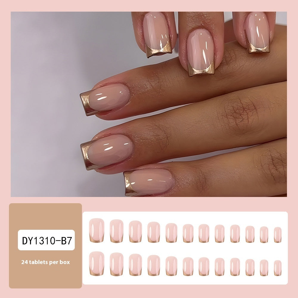 Simple Golden Trim French Tip Press-On Nails ā Elegant Nude & Gold Nail Set | Reusable Luxury