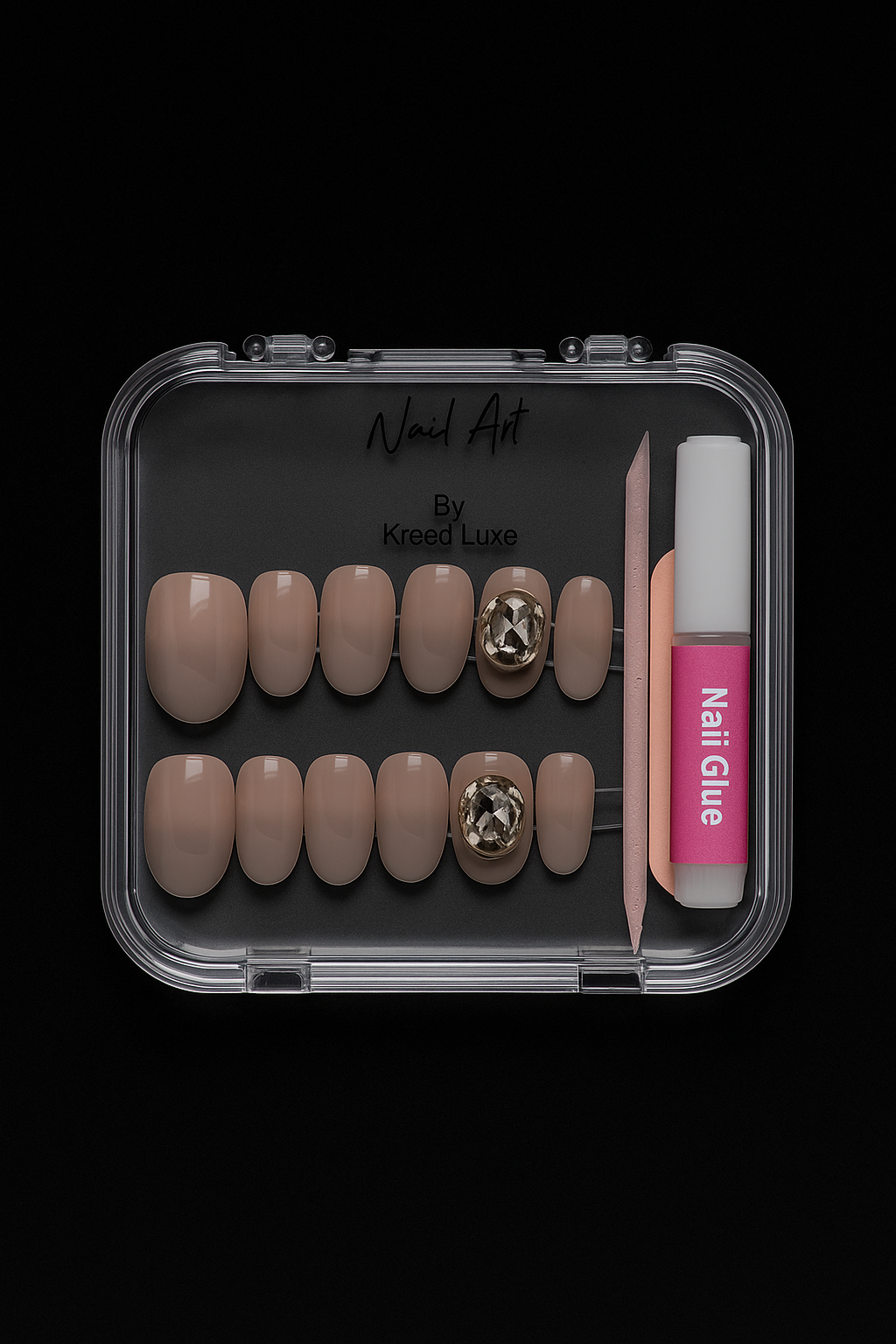 Nude Almond Crystal Press-On Nails – Elegant Luxury Nail Set | Reusable Gel Finish