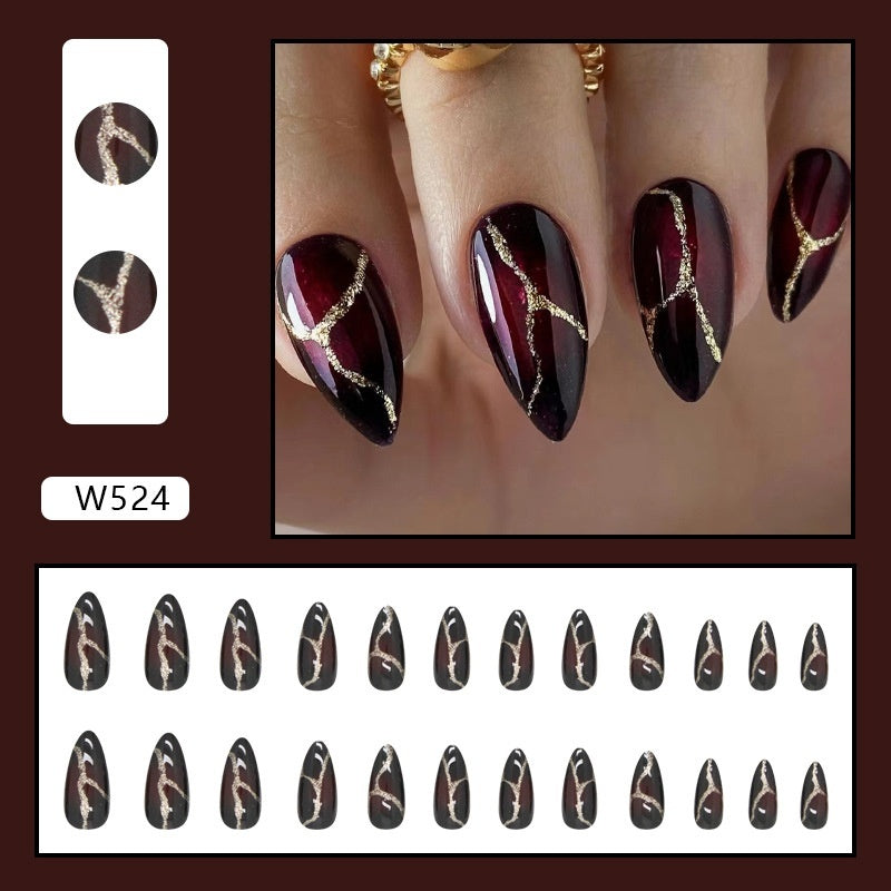 Gold Powder Marble Press-On Nails – Elegant Dark Red Luxury Nail Set