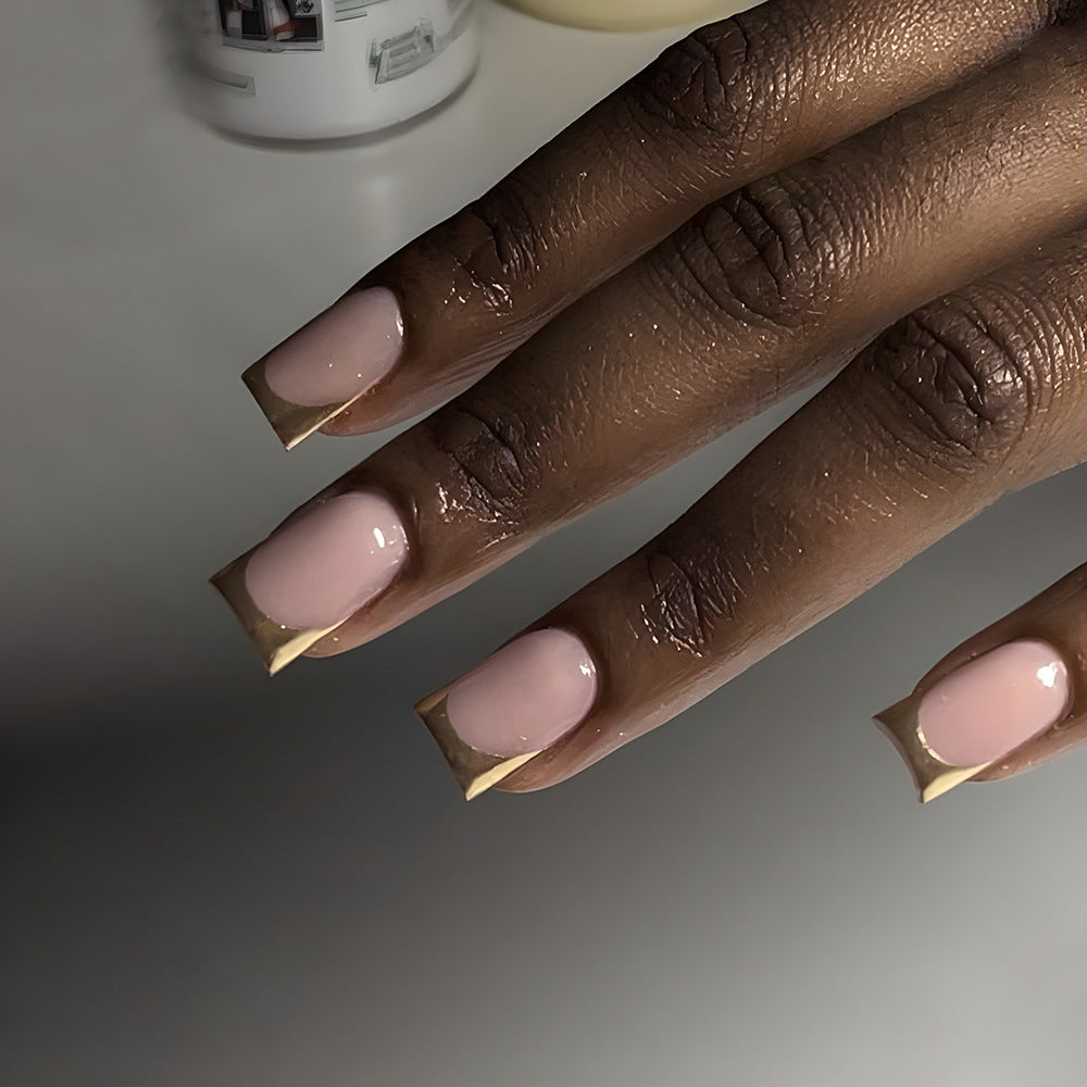 Simple Golden Trim French Tip Press-On Nails – Elegant Nude & Gold Nail Set | Reusable Luxury