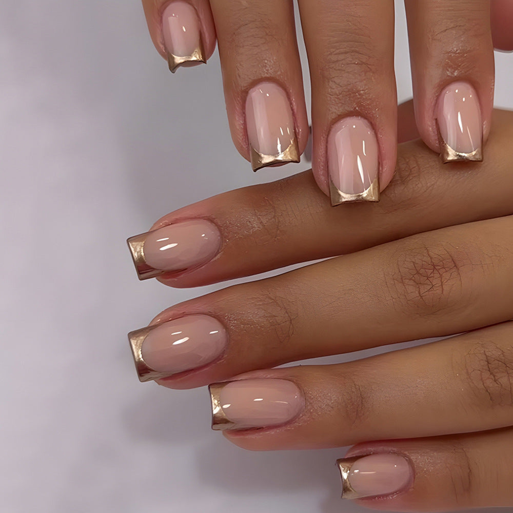 Simple Golden Trim French Tip Press-On Nails – Elegant Nude & Gold Nail Set | Reusable Luxury