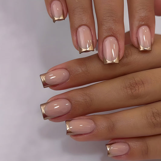 Simple Golden Trim French Tip Press-On Nails – Elegant Nude & Gold Nail Set | Reusable Luxury