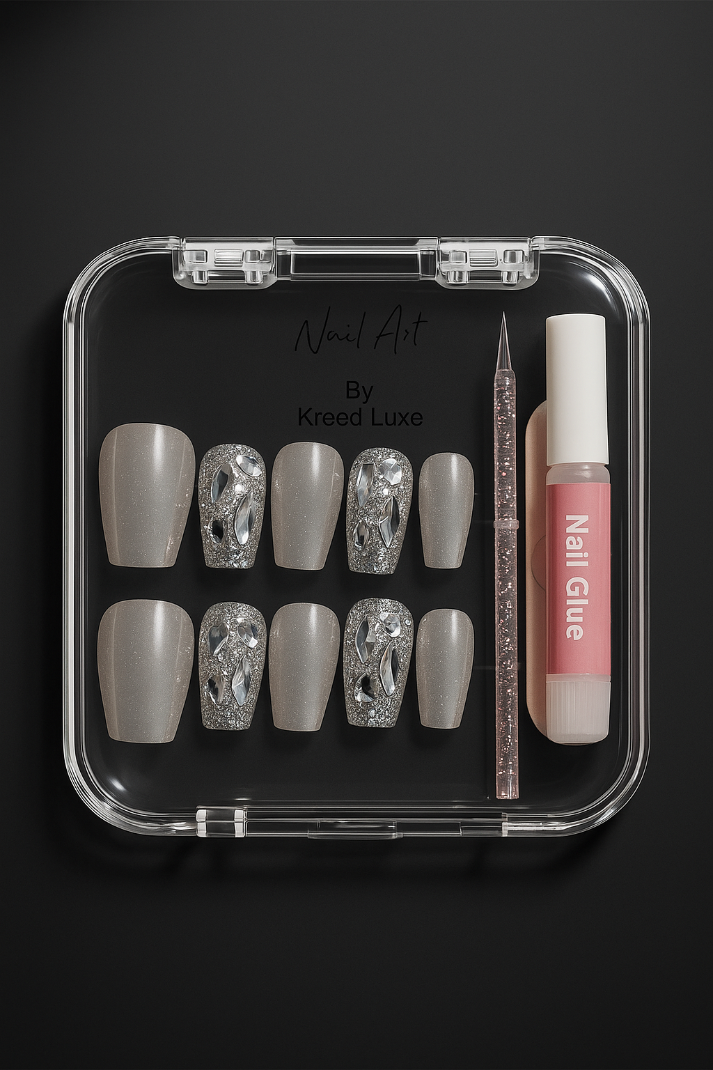 Silver Crystal Square Press-On Nails – Luxury Nail Set | Reusable Gel-Look Finish