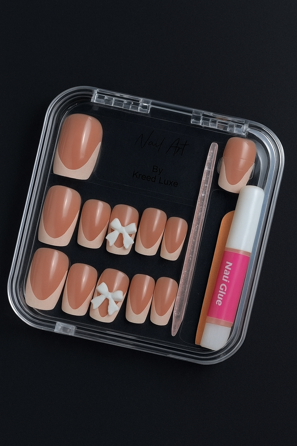 Bow Crest Square Press-On Nails – Elegant Luxury Nail Set | Reusable Gel Finish