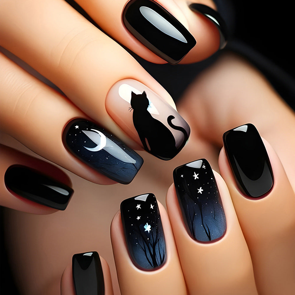 Cat Moon Press-On Nails – Mystical Black & Silver Nail Set | Reusable Luxury Design