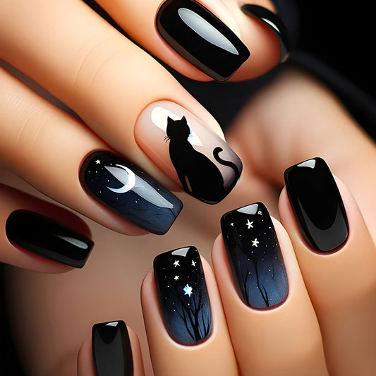 Cat Moon Press-On Nails – Mystical Black & Silver Nail Set | Reusable Luxury Design