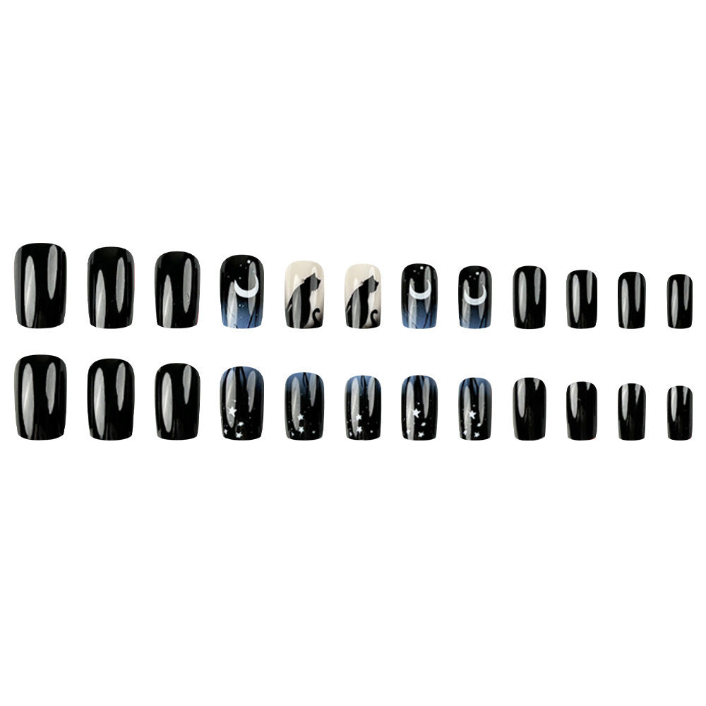 Cat Moon Press-On Nails – Mystical Black & Silver Nail Set | Reusable Luxury Design