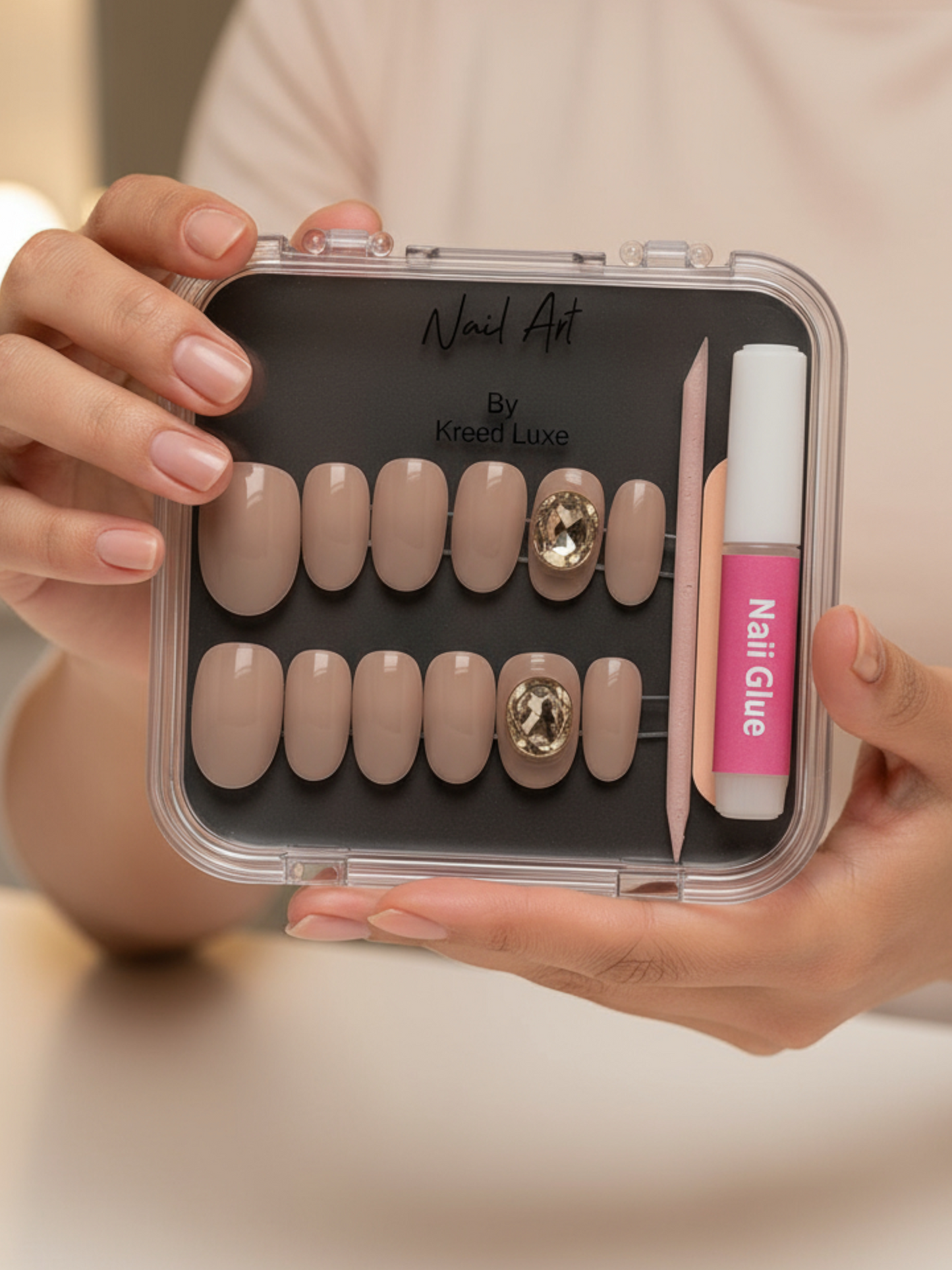 Nude Almond Crystal Press-On Nails – Elegant Luxury Nail Set | Reusable Gel Finish