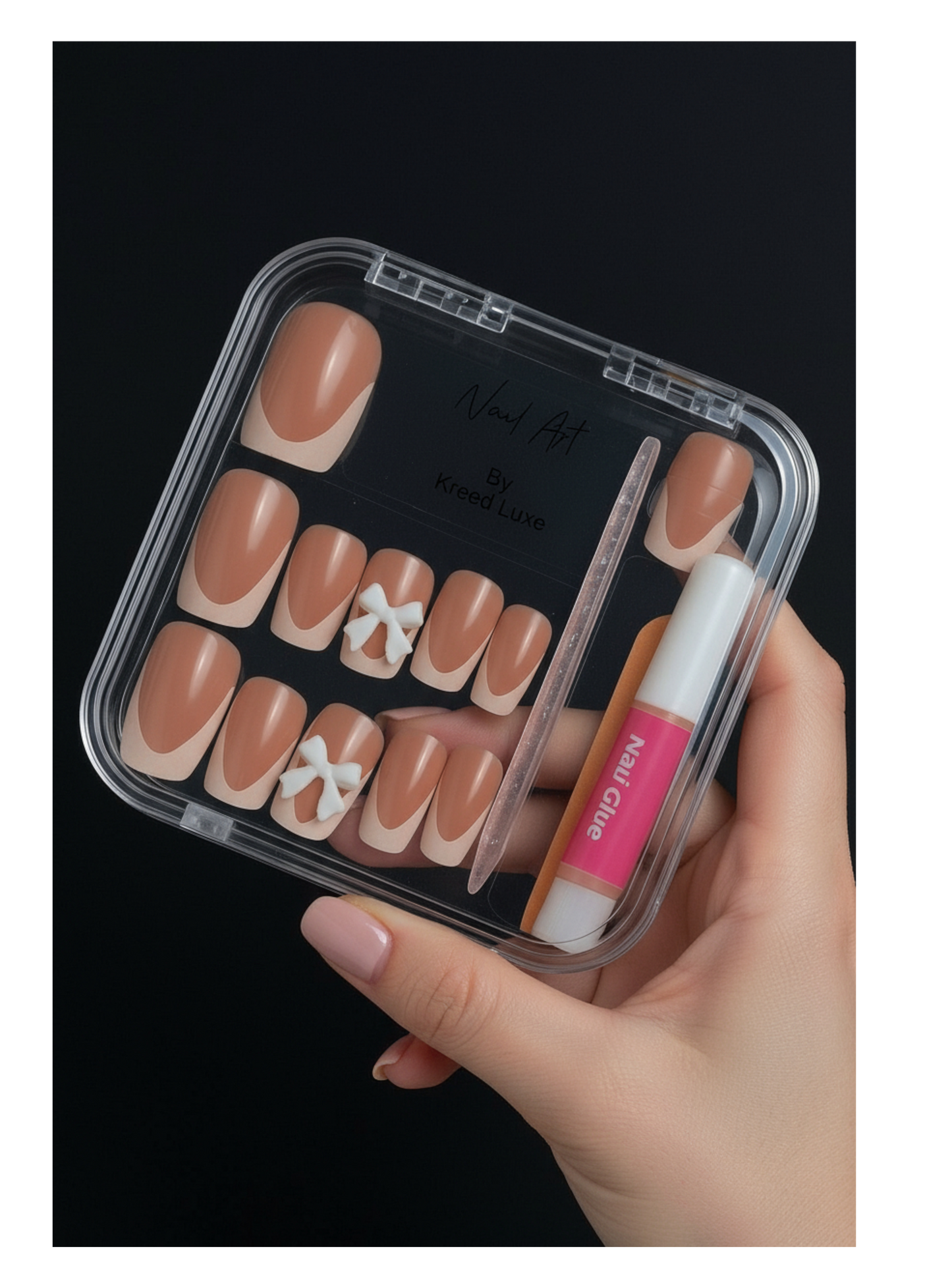 Bow Crest Square Press-On Nails – Elegant Luxury Nail Set | Reusable Gel Finish