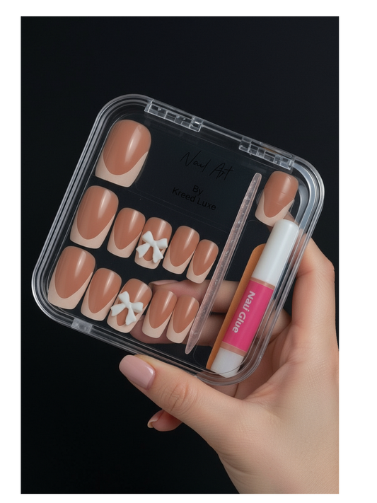 Bow Crest Square Press-On Nails – Elegant Luxury Nail Set | Reusable Gel Finish