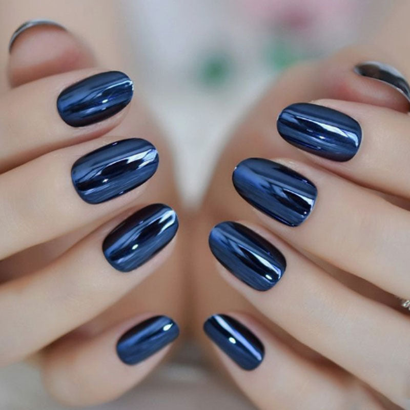 Electroplating Blue Press-On Nails – Metallic Mirror Chrome Nail Set | Reusable Luxury Finish