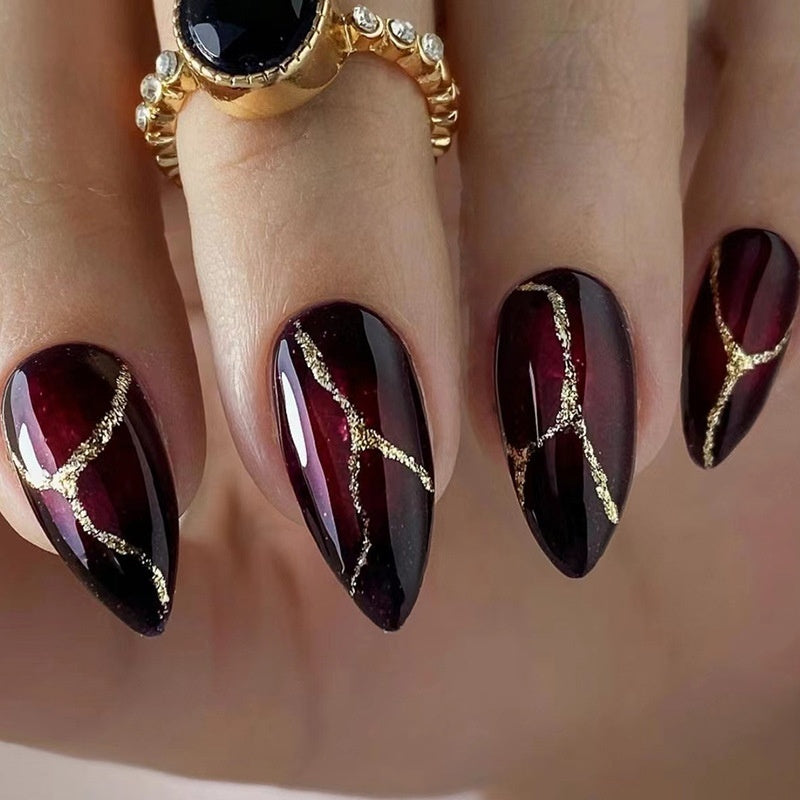 Gold Powder Marble Press-On Nails – Elegant Dark Red Luxury Nail Set