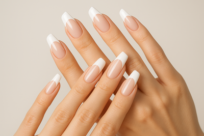 fingers wearing a french tips press on nails