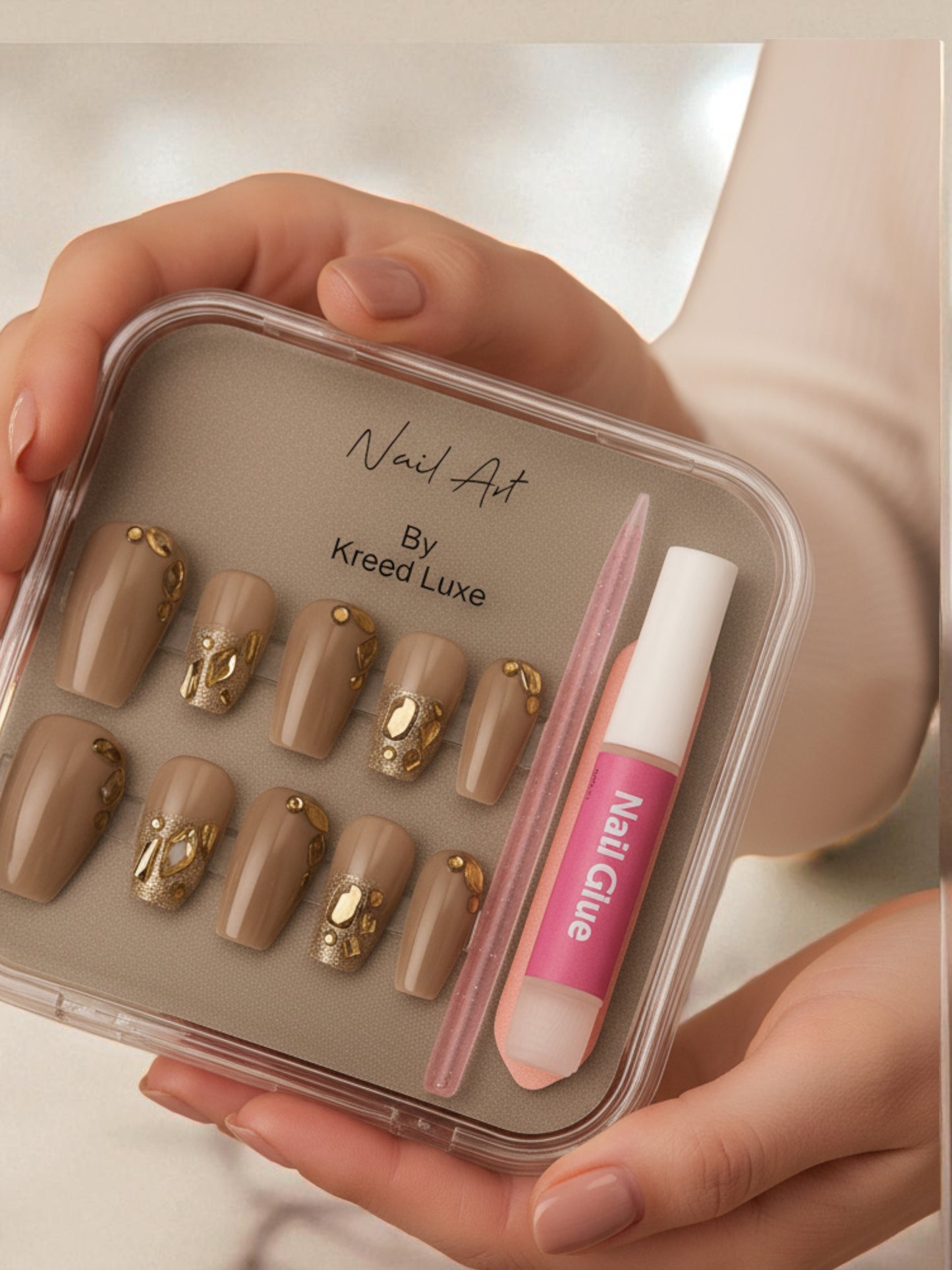 Soft Crystal Brown Round Press-On Nails – Elegant Nude-Brown Glossy Nail Set